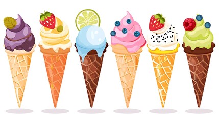 Canvas Print - Set of Six Colorful Ice Cream Cones with Toppings.