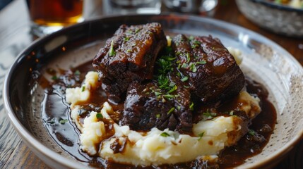 Wall Mural - Braising short ribs until they are fall-off-the-bone tender, served with mashed potatoes.