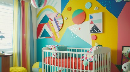 Sticker - Capture the vibrant energy of a baby room decorated with colorful geometric patterns, a bright crib, and playful wall art.