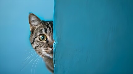 Wall Mural - A Curious Cat Peeking From Behind a Blue Wall