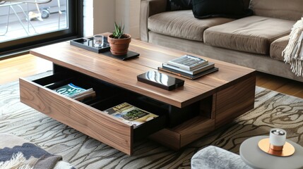 Poster - Choosing a coffee table with hidden storage compartments for organizing remote controls and magazines.