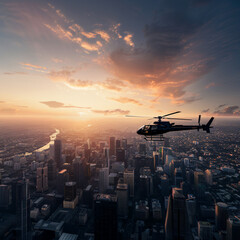 Aerial Helicopter view of cityskylines during sunset with natural light frontal angle 