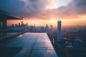 Poster - view of city from high rise building, futuristic city skyline visible from high-rise rooftop