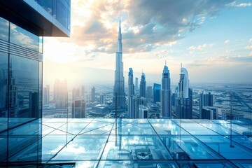 Poster - view of city from high rise building, futuristic city skyline visible from high-rise rooftop