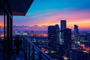 Poster - view of city from high rise building, futuristic city skyline visible from high-rise rooftop