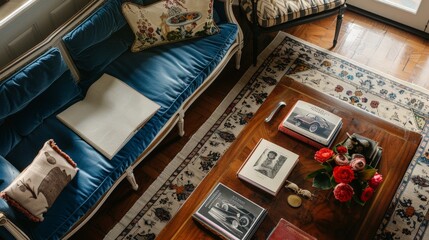 Poster - Decorating a living room with a table book showcasing vintage cars and their histories.