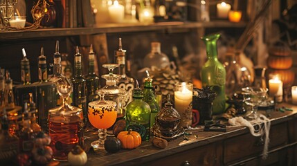 Sticker - Depict a Halloween party with a mixology station, where guests can create their own eerie cocktails with themed ingredients.