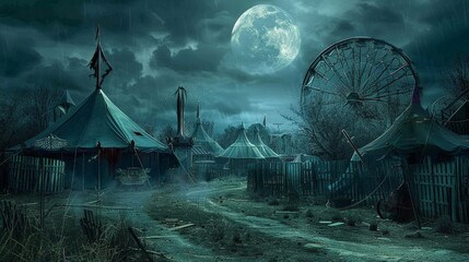 Wall Mural - Depict a haunted circus with tattered tents, broken rides, and creepy clowns lurking in the shadows, under a full moon.