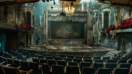 Poster - Depict a haunted old theater with broken seats, tattered curtains, and ghostly performers on the stage under a flickering chandelier.