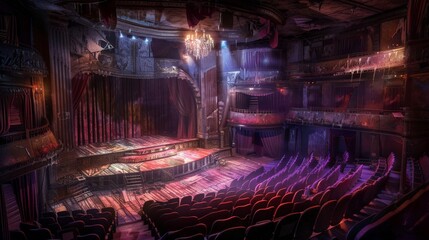 Wall Mural - Depict a haunted old theater with broken seats, tattered curtains, and ghostly performers on the stage under a flickering chandelier.