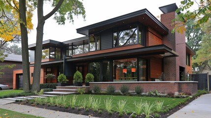 Poster - Describe the architectural contrast of a modernist house exterior in a historic neighborhood.