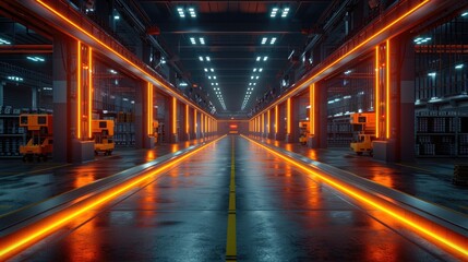 High-Tech Logistics Center with Robotic Sorting Systems and Neon Tracking Screens