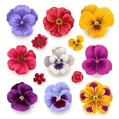 Sticker - Collection of Colorful Pansies with Isolated White Background