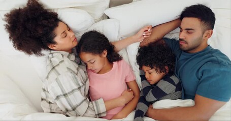 Wall Mural - Family, sleeping and relaxing in bed, tired and bonding at home, exhausted and calm or dreaming. Parents and children, connection and security in relationship, fatigue and care or resting in bedroom