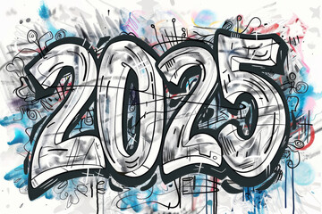 Wall Mural - 2025 drawing numbers, new year sketch greeting card, doodle celebrate banner, freehand eve poster