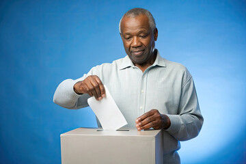 Senior afro american man casting his vote in a ballot box against a blue background, emphasizing the importance of civic engagement and participation in the democratic process.