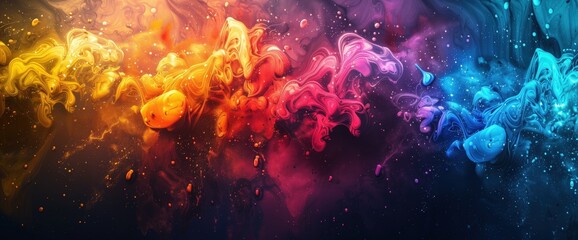 Wall Mural - Vibrant explosion of colorful paint and ink splashes on a black background