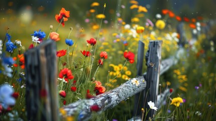 Wall Mural - Spring colorful blooming flower garden with wooden fence