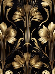 Wall Mural - Rendered art deco background with black and gold floral elements. Botanical wallpaper. High contrast