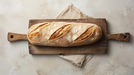 Wall Mural - baked bread on rustic cutting board, top view