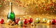 © bramthestocker - Champagne bottle on a gold surface with red and golden baubles. Christmas design