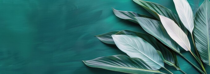 Wall Mural - Green Leaves on Teal Background