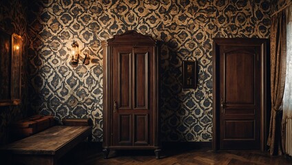 Sticker - Retro room with pattern wallpaper, antique closet, and door. Rustic theme. High contrast