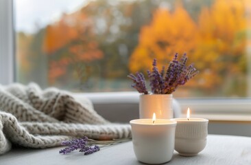 Wall Mural - Cozy Candles and Lavender on a Rainy Day