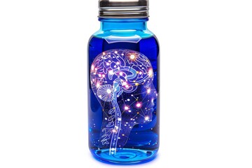 Wall Mural - Blue water bottle with brain illustration glowing neural connections shades of blue detailed and imaginative conceptual and artistic