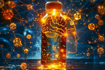 Wall Mural - Glowing orange water bottle with brain illustration neural connections detailed and imaginative conceptual and artistic