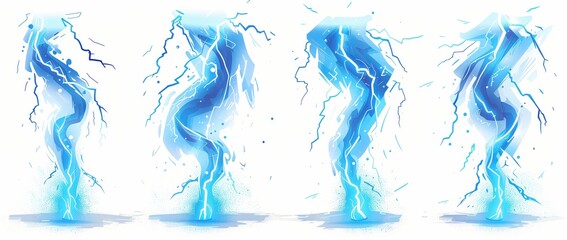 Wall Mural - Lightning, blue lightning on white background, 4 different lightnings