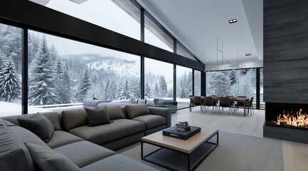 Canvas Print - Modern Living Room With Snowy Forest View