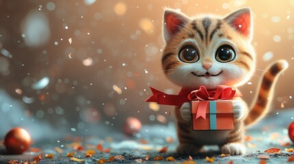 Wall Mural - Cute Kitten Holding a Gift in Winter Wonderland