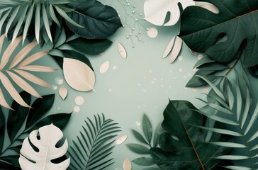 Wall Mural - Tropical Leaf Arrangement on Mint Green Background