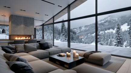 Canvas Print - Modern Living Room With Fireplace And Winter View