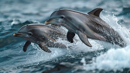 Wall Mural - Two playful dolphins leaping out of the ocean