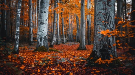 Sticker - A forest with trees with orange leaves falling in autumn