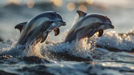 Wall Mural - Two Dolphins Leaping Through Waves