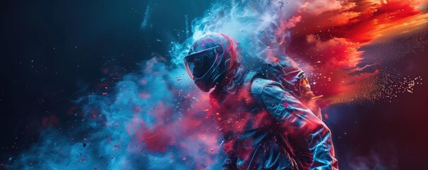 Type of game concept design, a paintball player in full gear with a backpack covered in a colorful powder explosion, isolated