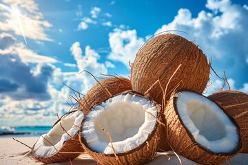 Wall Mural - a pile of  half coconuts under and two coconuts a blue sky 