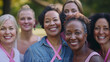 © ON - Studio - Diverse Group of Women with Pink Ribbons Smiling Outdoors