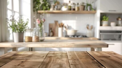 Poster - Wooden Tabletop in a Blurred Kitchen