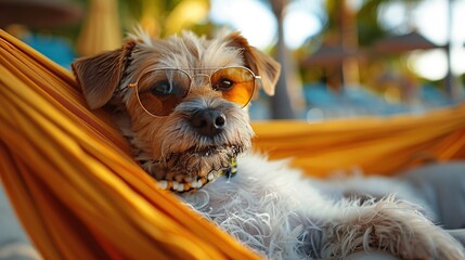 Wall Mural - Dog Relaxing in Hammock with Sunglasses