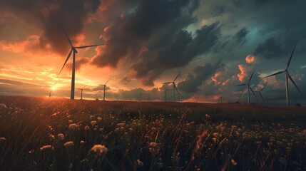 Wind turbine field at sunset, dramatic sky. 