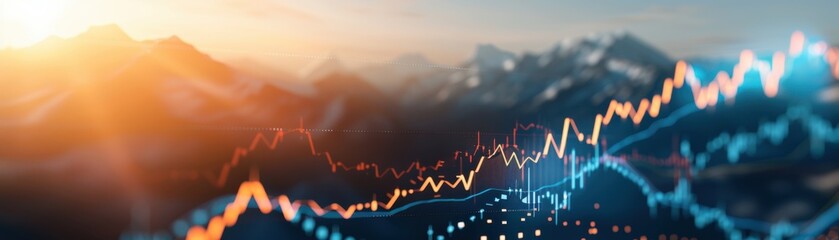 Dynamic graph representing market trends with vibrant colors against a scenic backdrop, showcasing financial growth and data analysis.