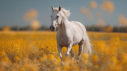 Wall Mural - White Horse Galloping Through a Field of Golden Flowers