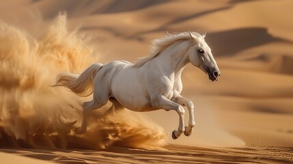 Poster - White Arabian Horse Galloping Through Desert Sand