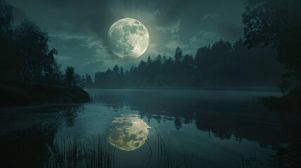 serenity of the lake reflecting the full moon, casting an eerie glow on the forest at night