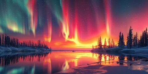 Poster - Majestic Aurora Borealis Reflecting in Frozen Lake Landscape