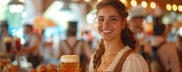 Wall Mural - Woman in dirndl serving beer and pretzels with a joyful smile.